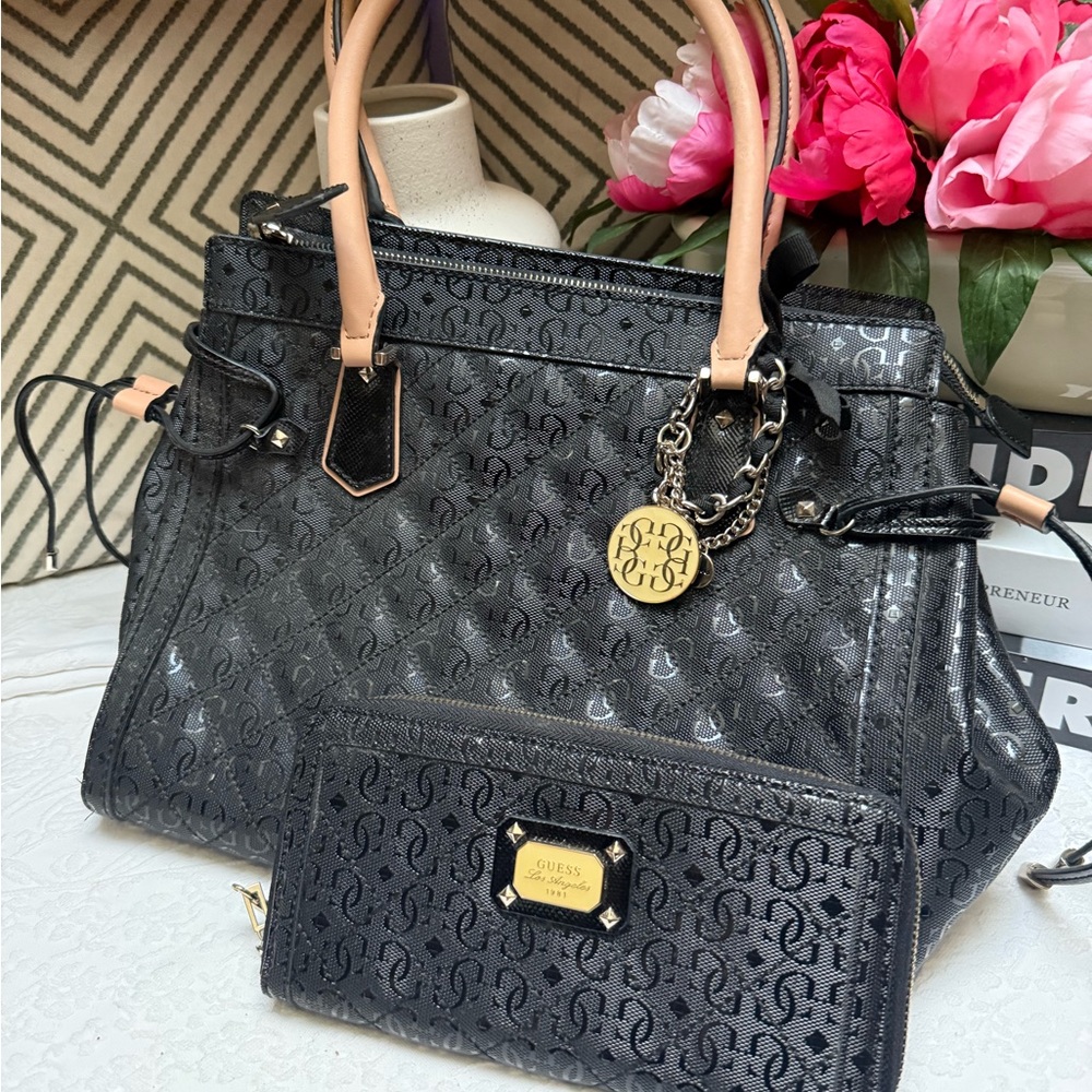Guess Black and Tan Satchel Set with Gold Accents